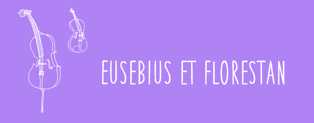 Visuel du concert-spectacle ausujet de Schumann, titré "Eusébius et Florestan", représentant un violoncelle un peu courbé et introverti (comme le personnage de Eusebius) et un violon cambré et extraverti (comme le personnage de Florestan)