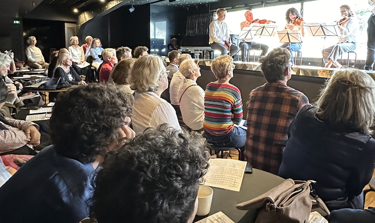 Jeune musiciens jouant de la musique de chambre sur la péniche Le Son de la Terre lors du Brunch des Mélomanes, un concert sur une péniche à Paris.